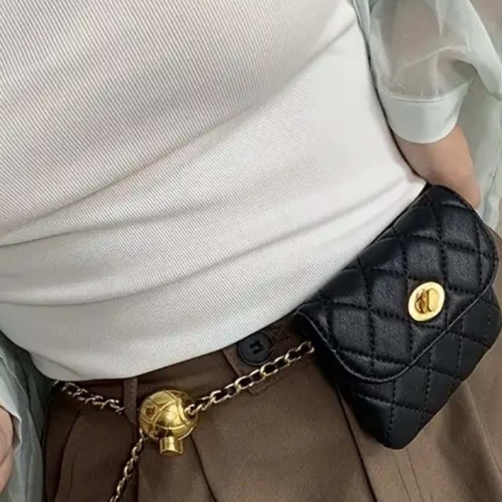 Fashion Crossbody/Belt Mini Black Bag Quilted Crossbody Bag with Gold Chain - Picture 4 of 5